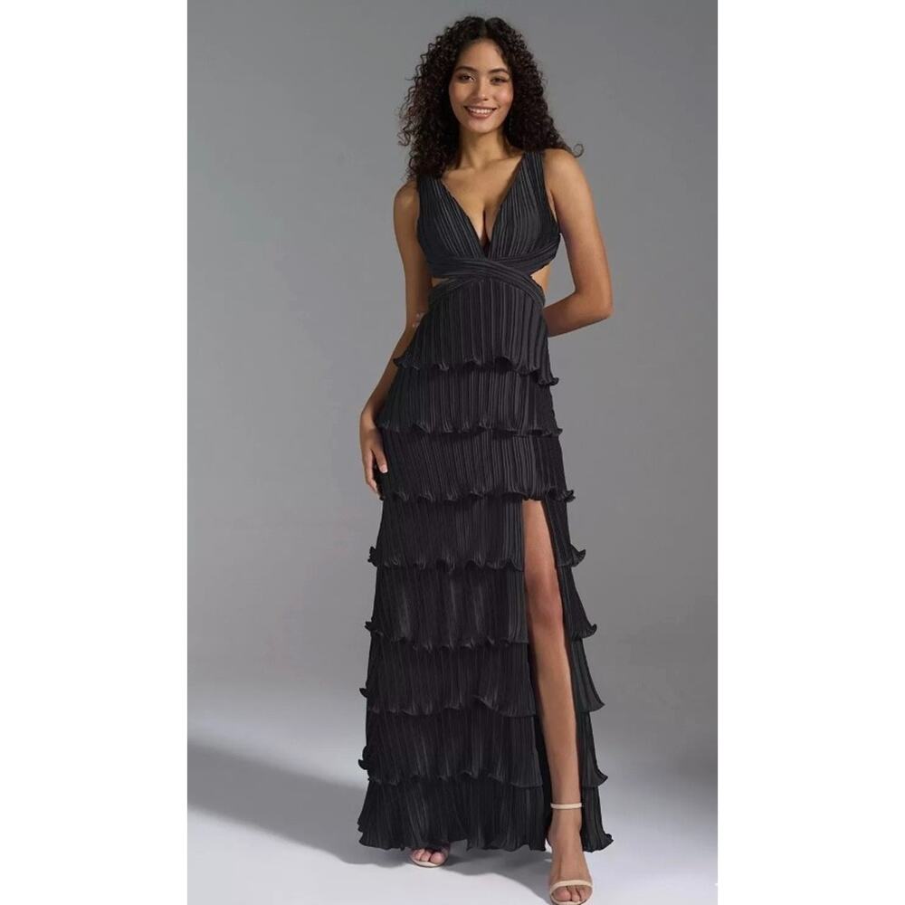 New! AW Black Tiered Pleated Strappy Corset Back Cut Out Formal Gown Prom Sz 0